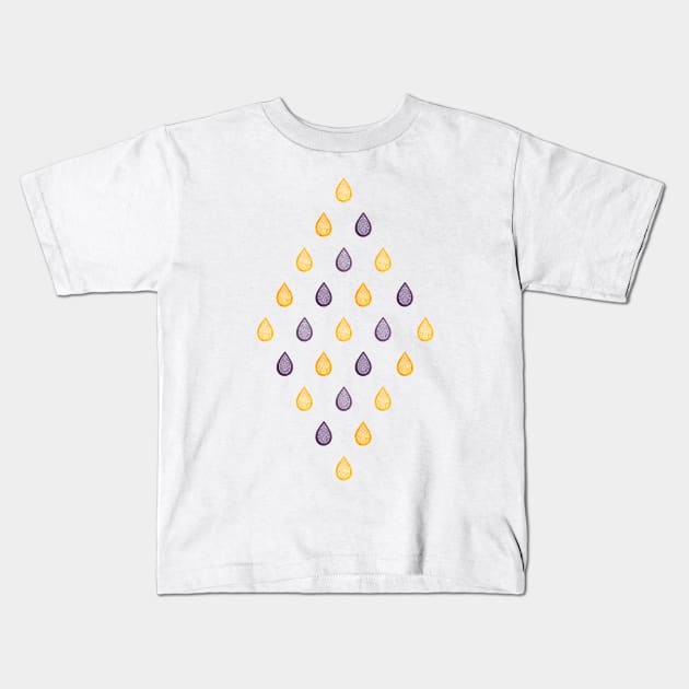 Yellow and purple raindrops pattern Kids T-Shirt by Savousepate